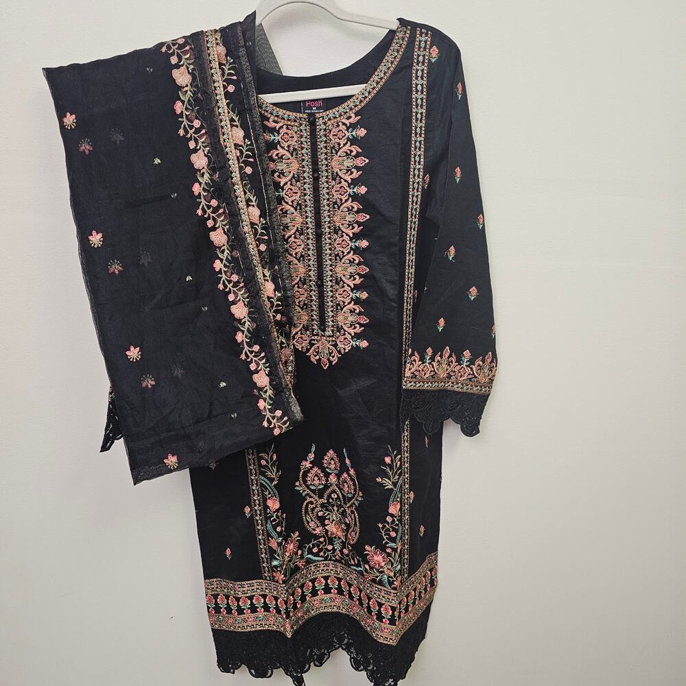 Posh Pakistani Kurta Set Embroidered Kaftan Dupatta Size M Black Floral Eid - Picture 2 of 9